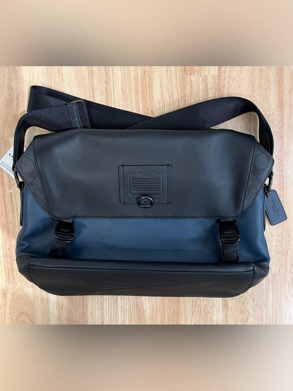Coach Black Leather Messenger Bag with Blue Interior